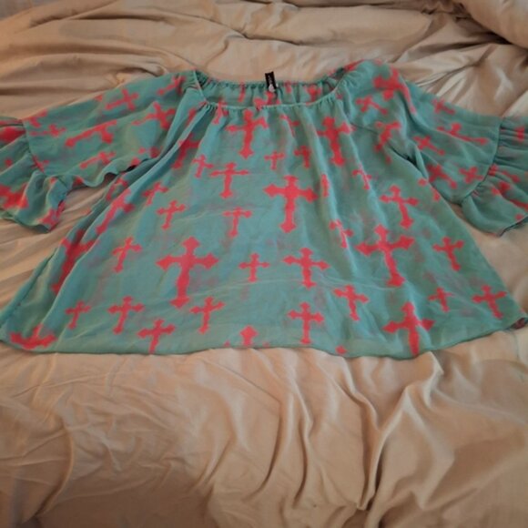 R Rouge Women's Aqua and Pink Cross Pattern Sheer Top - Picture 3 of 8